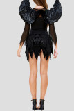 ブラック ハロウィン ファッション セクシー パッチワーク シースルー 非対称 U ネック ロング スリーブ ドレス