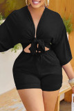 White Fashion Casual Solid Bandage Hollowed Out Patchwork V Neck Regular Romper