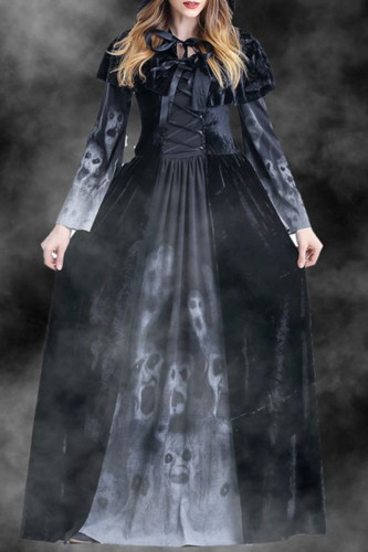 Vestidos de manga comprida preto com estampa casual de patchwork frênulo com capuz