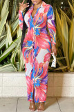 Rosa Mode Casual Print Patchwork Turndown-krage Långärmade klänningar