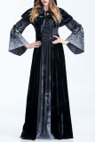 Черный Хэллоуин мода повседневная печать пэчворк уздечка с капюшоном воротник платья с длинным рукавом
