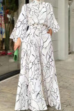 White Fashion Casual Print Patchwork Half A Turtleneck Loose Jumpsuits