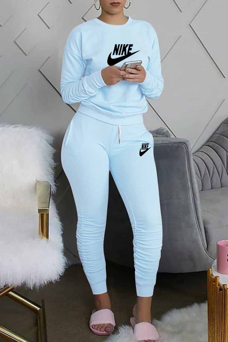

Light Blue Fashion Casual Print Letter O Neck Long Sleeve Two Pieces
