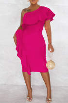 ローズレッド ファッション カジュアル 無地 パッチワーク バックレス 斜め襟 半袖ドレス