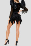 ブラック ハロウィン ファッション セクシー パッチワーク シースルー 非対称 U ネック ロング スリーブ ドレス