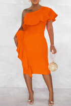 オレンジ ファッション カジュアル 無地 パッチワーク バックレス 斜め襟 半袖 ドレス