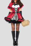 Красное лоскутное платье для Хэллоуина с воротником с капюшоном и бантом с коротким рукавом