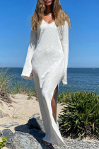 ホワイト ファッション ソリッド パッチワーク V ネック ストレート ドレス