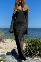ブラック ファッション ソリッド パッチワーク V ネック ストレート ドレス