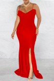 Red Fashion Sexy Solid Backless Slit Spaghetti Strap Evening Dress