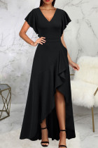 Zwarte elegante effen patchwork volant asymmetrische V-hals rechte jurken