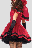 Patchwork di moda rosso di Halloween scavato con abito a maniche corte con colletto con cappuccio e fiocco