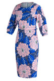 Blue Casual Elegant Print Patchwork O Neck Pencil Skirt Dresses(Contain The Belt)