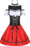 ブラック レッド ハロウィン ファッション パーティー パッチワーク 小帯 スクエア カラー ショート スリーブ ドレス