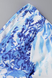 Robes droites bleu clair à imprimé de vacances décontractées évidées en patchwork à col en V
