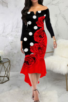 Black Red Sexy Print Patchwork Off the Shoulder Trumpet Mermaid Dresses