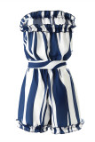 Blue Fashion Casual Striped Print Patchwork Backless Strapless Regular Rompers