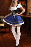 Blaues Halloween-Mode-beiläufiges Patchwork-Quasten-Quadrat-Kragen-Kurzarm-Kleid