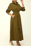 Army Green Fashion Casual Solid Patchwork mit Gürtel Umlegekragen Langarm Kleider