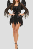 Schwarze Halloween-Mode, sexy Patchwork, durchsichtige, asymmetrische, langärmlige Kleider mit U-Ausschnitt