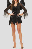 Zwarte Halloween-mode Sexy patchwork doorschijnende asymmetrische U-hals jurken met lange mouwen