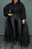 Zwarte mode casual effen patchwork gesp turndown kraag plus size jurken