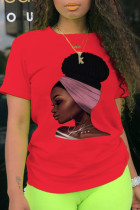 T-shirt con scollo a O patchwork con stampa vintage rossa
