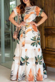 Оранжевое модное повседневное платье с принтом в стиле пэчворк с круглым вырезом и коротким рукавом Платья