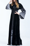 ブラック ハロウィン ファッション カジュアル プリント パッチワーク 小帯フード付きカラー ロング スリーブ ドレス