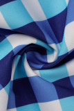 Tops de cuello oblicuo asimétrico de patchwork con estampado de cuadros casual azul