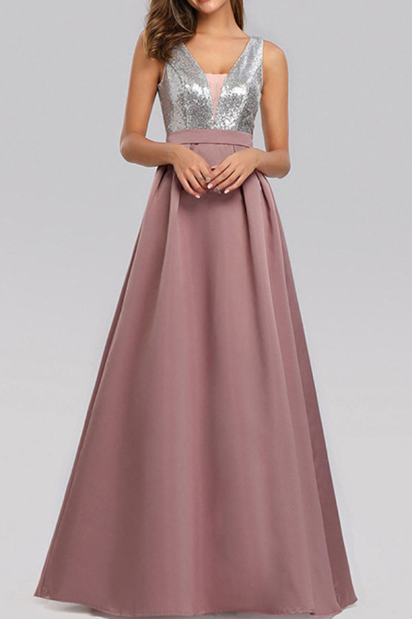 Шампанское Сексуальное элегантное однотонное вечернее платье в стиле пэчворк с V-образным вырезом Платья