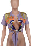 Пурпурные лоскутные футболки с кисточками и сексуальным принтом