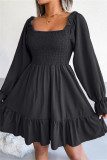 Zwarte mode casual effen patchwork vierkante kraag jurken met lange mouwen