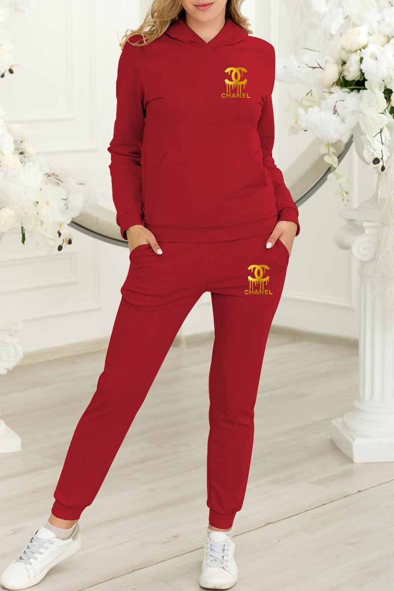 

Red Fashion Casual Print Letter Hooded Collar Long Sleeve Two Pieces
