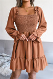 アーミーグリーン ファッション カジュアル ソリッド パッチワーク スクエア カラー ロング スリーブ ドレス