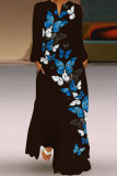ブラック ピンク ファッション カジュアル プリント パッチワーク V ネック ロング スリーブ ドレス