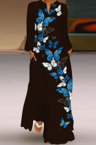 ブルーブラックファッションカジュアルプリントパッチワークVネックロングスリーブドレス