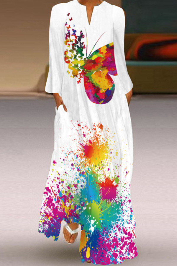Vit Mode Casual Print Patchwork V-hals långärmade klänningar