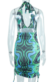 グリーン カジュアル プリント パッチワーク ホルター ペンシル スカート ドレス