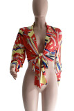 Red Sexy Print Patchwork Buckle Turndown Collar Tops