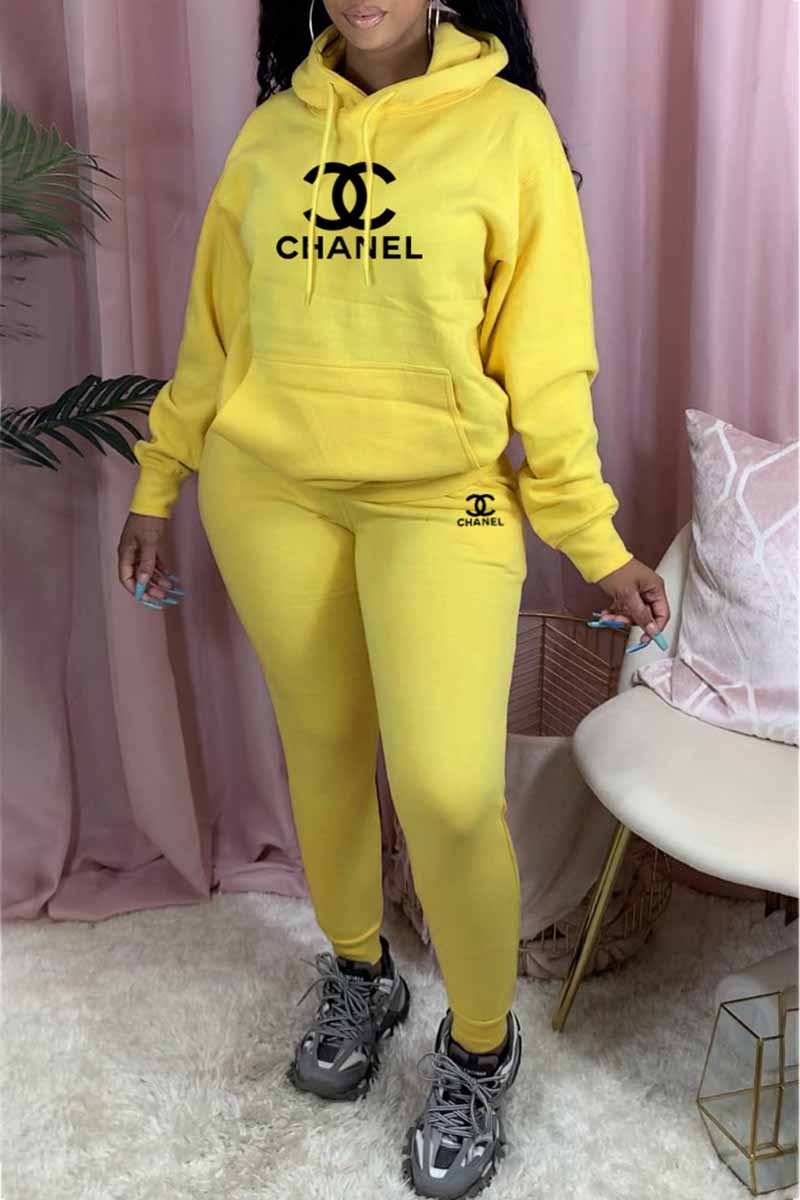 

Yellow Fashion Casual Print Letter Hooded Collar Long Sleeve Two Pieces