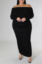 Zwarte sexy effen patchwork vouw uit de schouder kokerrok plus size jurken