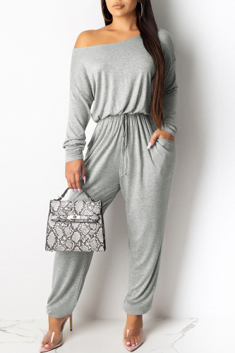 Grey Casual Solid Patchwork Frenulum Oblique Collar Straight Jumpsuits