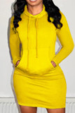 Vestidos de manga comprida com capuz amarelo moda casual patchwork sólido com capuz