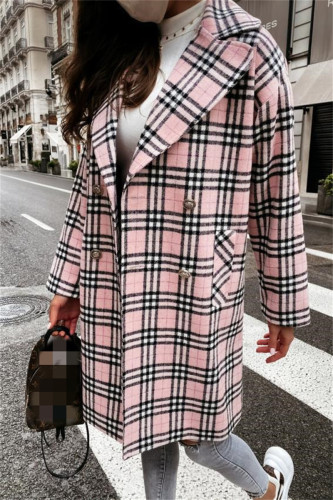 Roze mode casual geruite print patchwork vest turn-back kraag bovenkleding