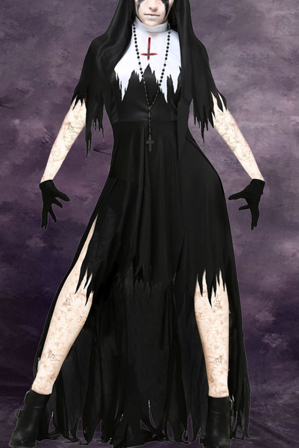 Zwarte Halloween Mode Patchwork Contrast Coltrui Onregelmatige Jurk