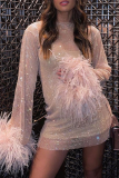 Розовые сексуальные лоскутные однотонные прозрачные платья с круглым вырезом и перьями, юбка-карандаш
