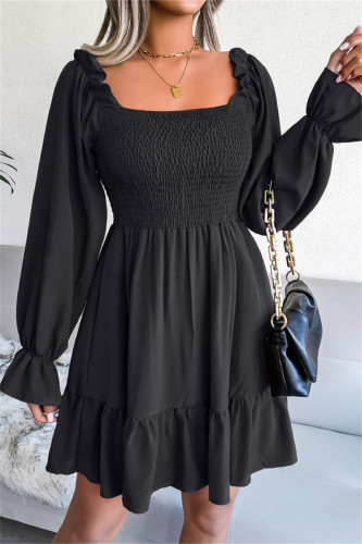 Black Fashion Casual Solid Patchwork Square Collar Long Sleeve Dresses