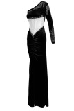 Черные сексуальные однотонные платья в стиле пэчворк с разрезом и горячим дрелью с косым воротником