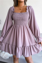 Light Purple Fashion Casual Solid Patchwork Square Collar Long Sleeve Dresses